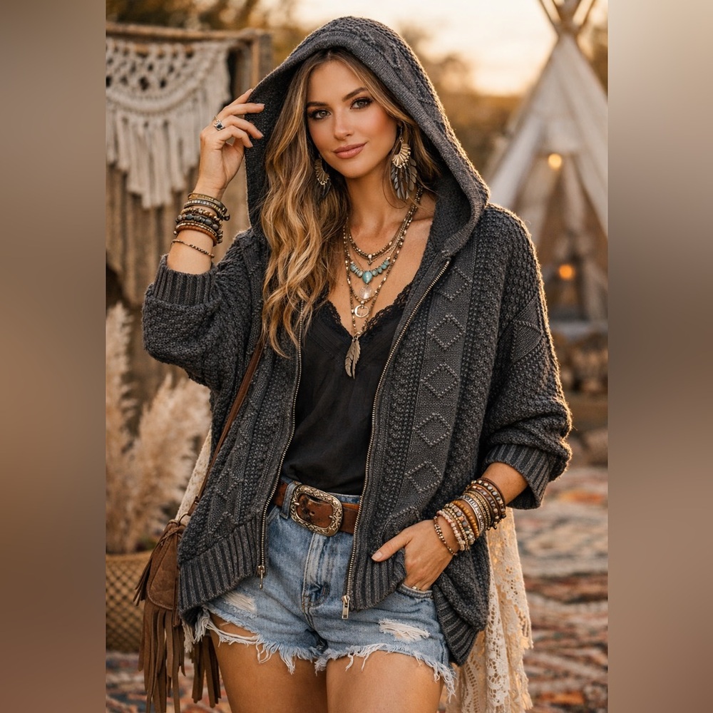 Free People Charcoal Black Gray Cable Knit Hooded Cardigan Size L Sweater